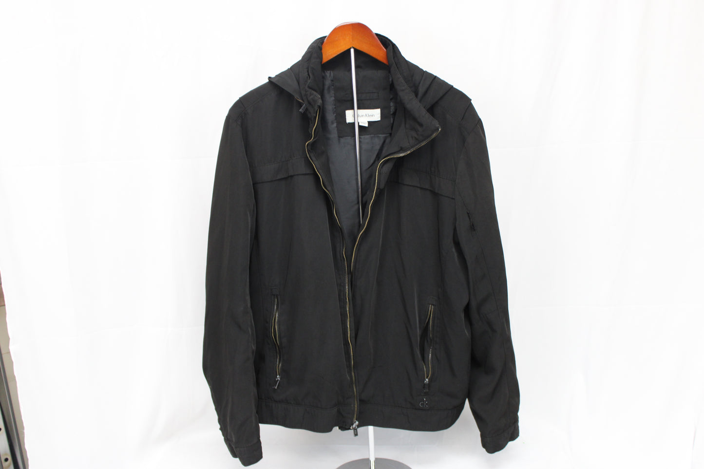Calvin Klein nylon bomber jacket with hood, black, Women's XL
