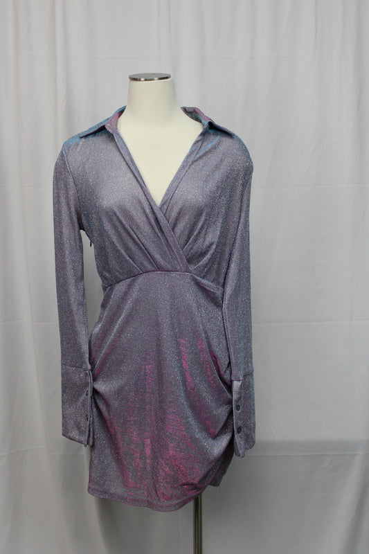 Cider iridescent plunging v-neck long sleeve mini dress, Women's XL