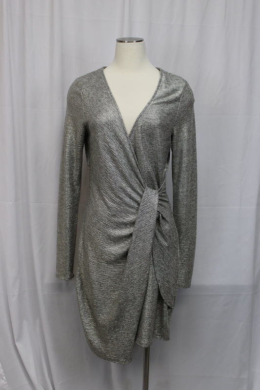 Trixxi long sleeve plunging v-neck midi dress, silver, Women's XL