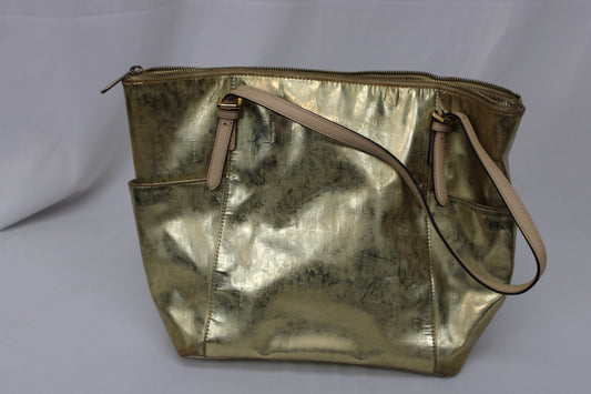 Michael Kors metallic gold tote bag with top zip and exterior pockets, heavy wear