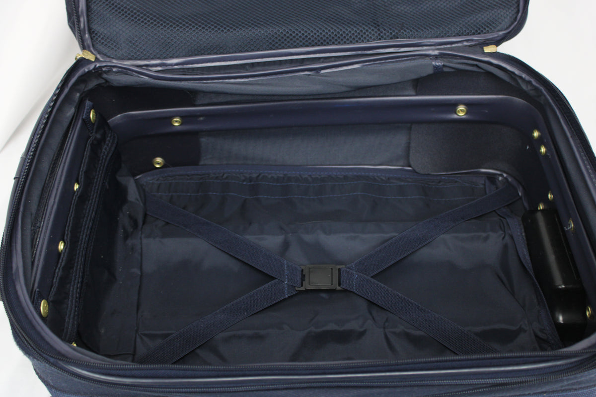 Protocol navy blue carry on sized suitcase with three external pockets