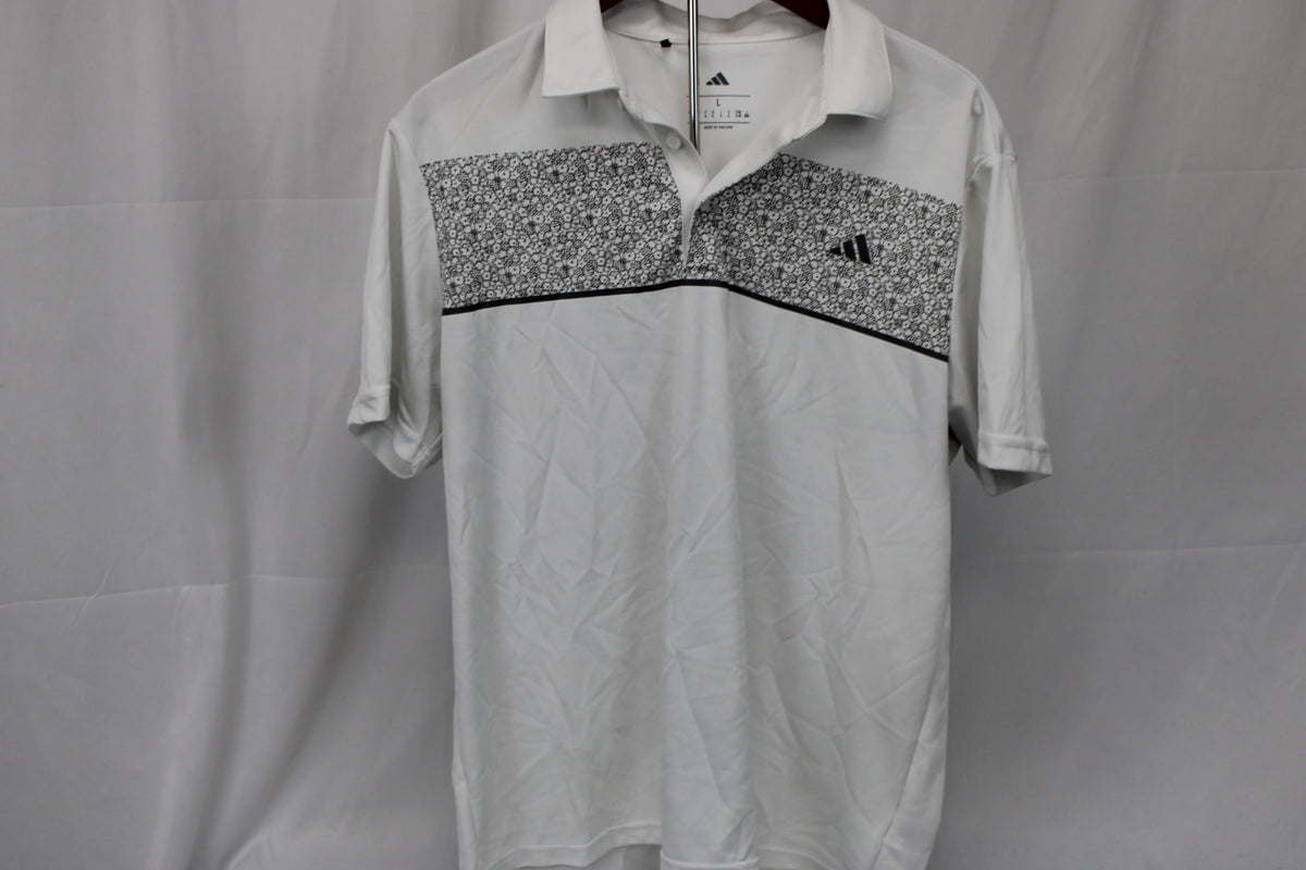 Adidas Climalite polyester golf polo, grey floral/white, Men's L
