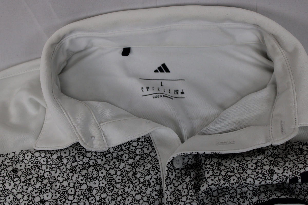 Adidas Climalite polyester golf polo, grey floral/white, Men's L