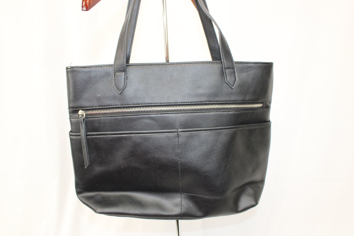 Black Faux Leather Tote Bag with Front Zipper Pocket
