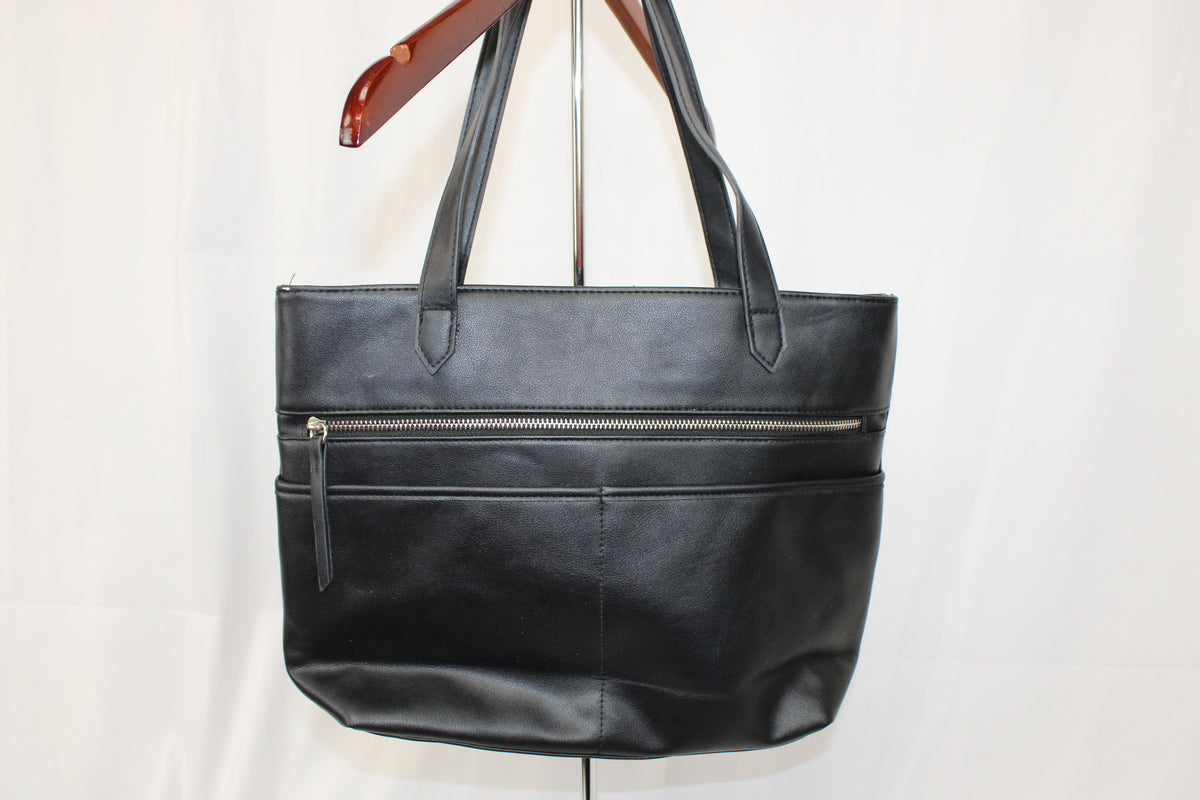 Black Faux Leather Tote Bag with Front Zipper Pocket