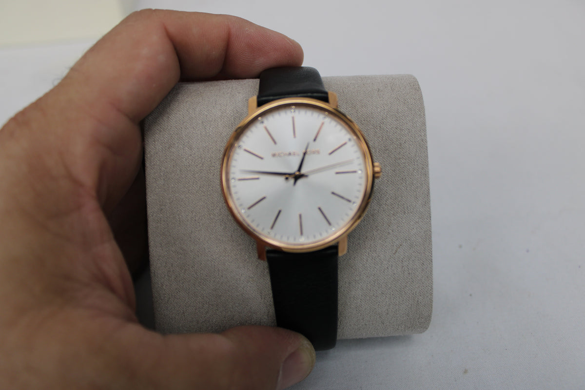 Michael Kors Pyper rose gold watch with black leather band, new in box