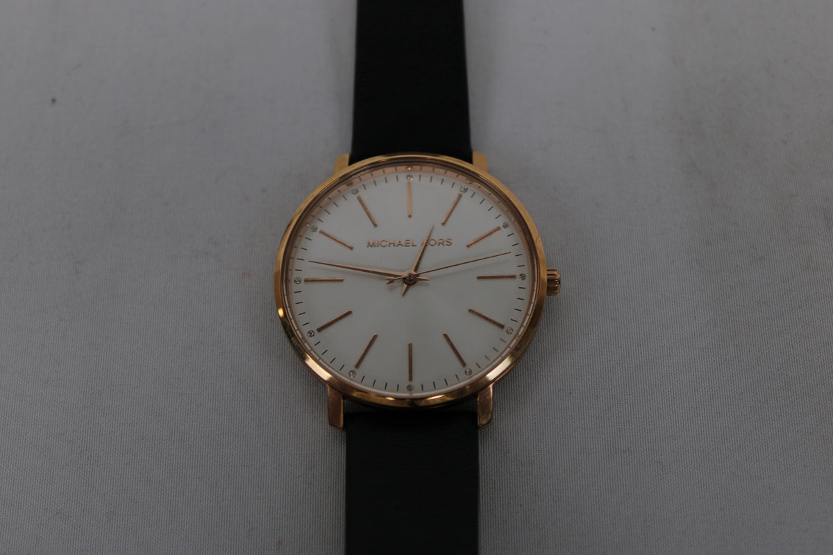Michael Kors Pyper rose gold watch with black leather band, new in box