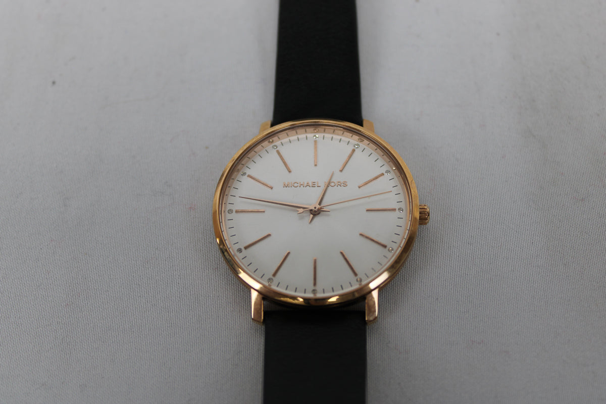 Michael Kors Pyper rose gold watch with black leather band, new in box