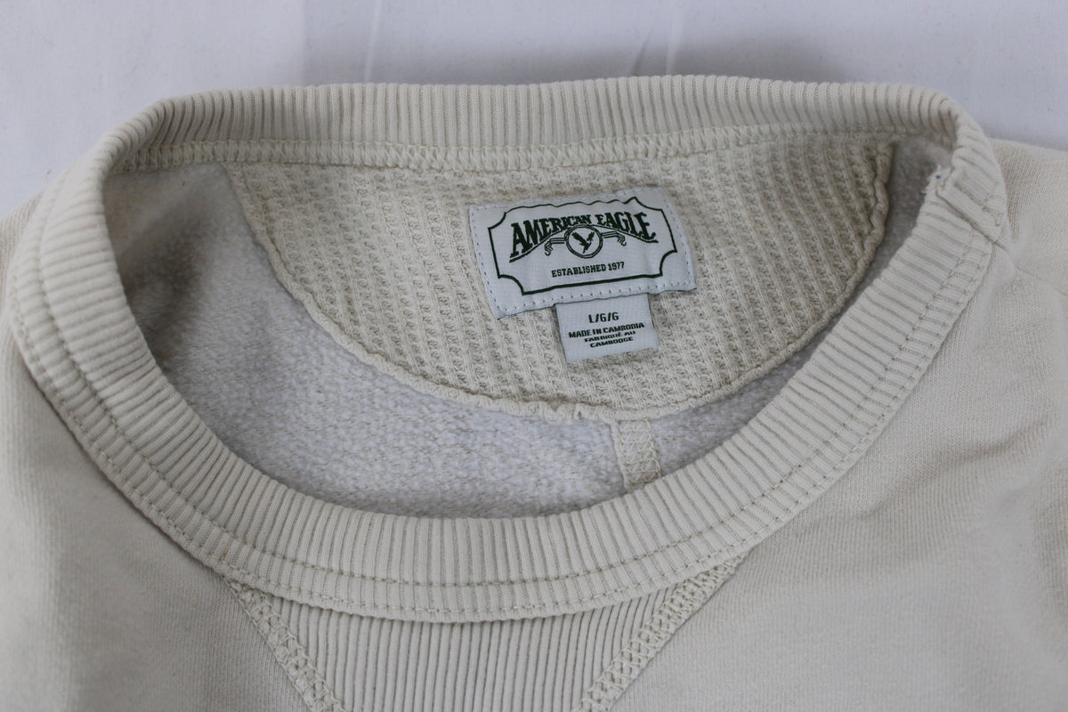 American Eagle classic crew neck logo sweater, creme, Men's L
