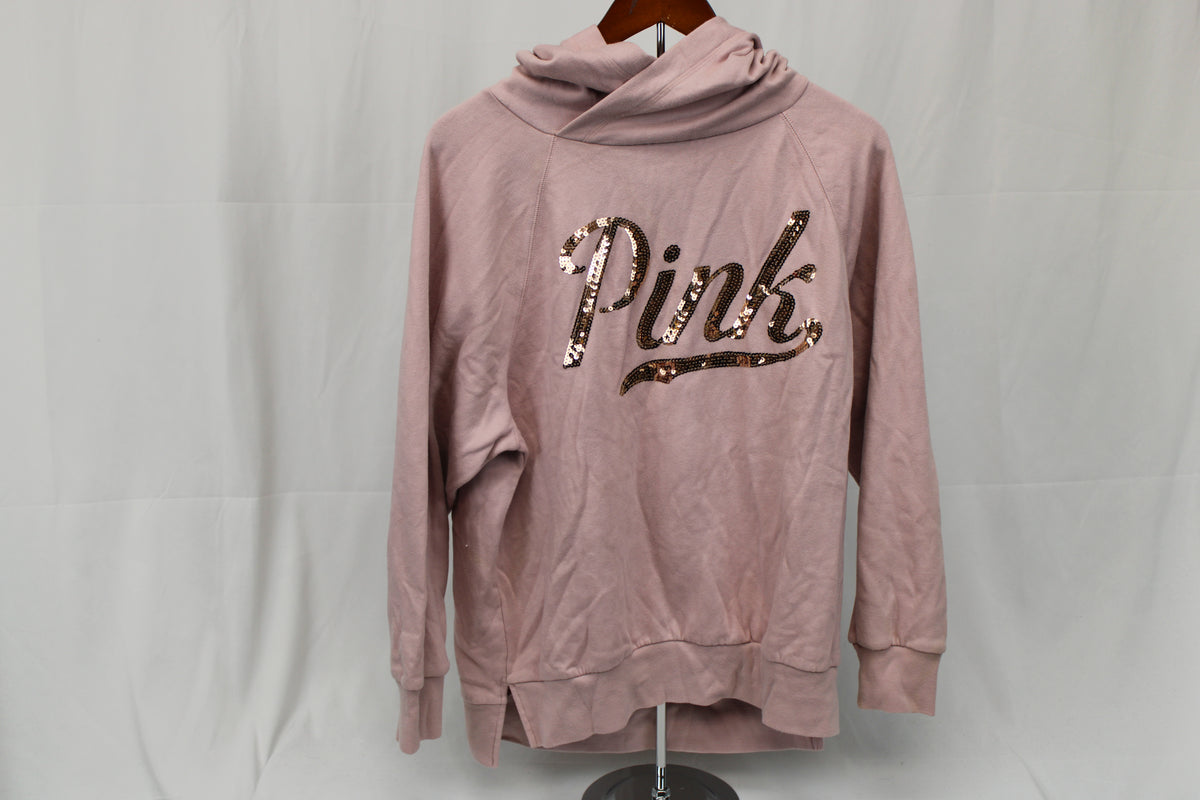 PINK fleece lined hooded bedazzled logo sweatshirt, Women's M