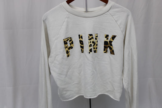 Pink Branded White Cropped Sweatshirt Leopard Print Writing, Size S
