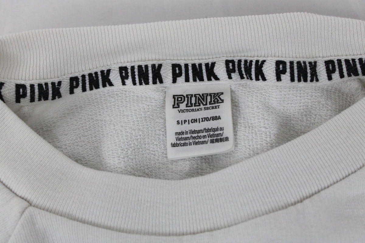 Pink Branded White Cropped Sweatshirt Leopard Print Writing, Size S