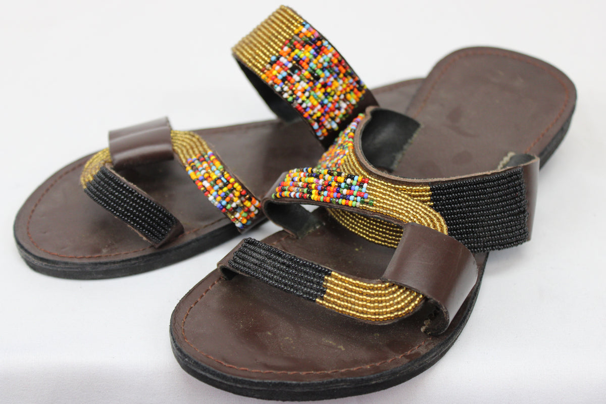 Handcrafted brown leather sandal with beaded strap and leather footbed, Women's 42 (10)