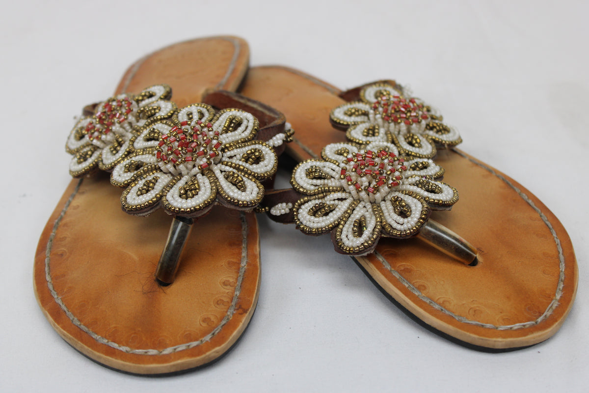 Elegance full grain leather sandal with floral beaded strap, leather footbed, Women's 40 (8)