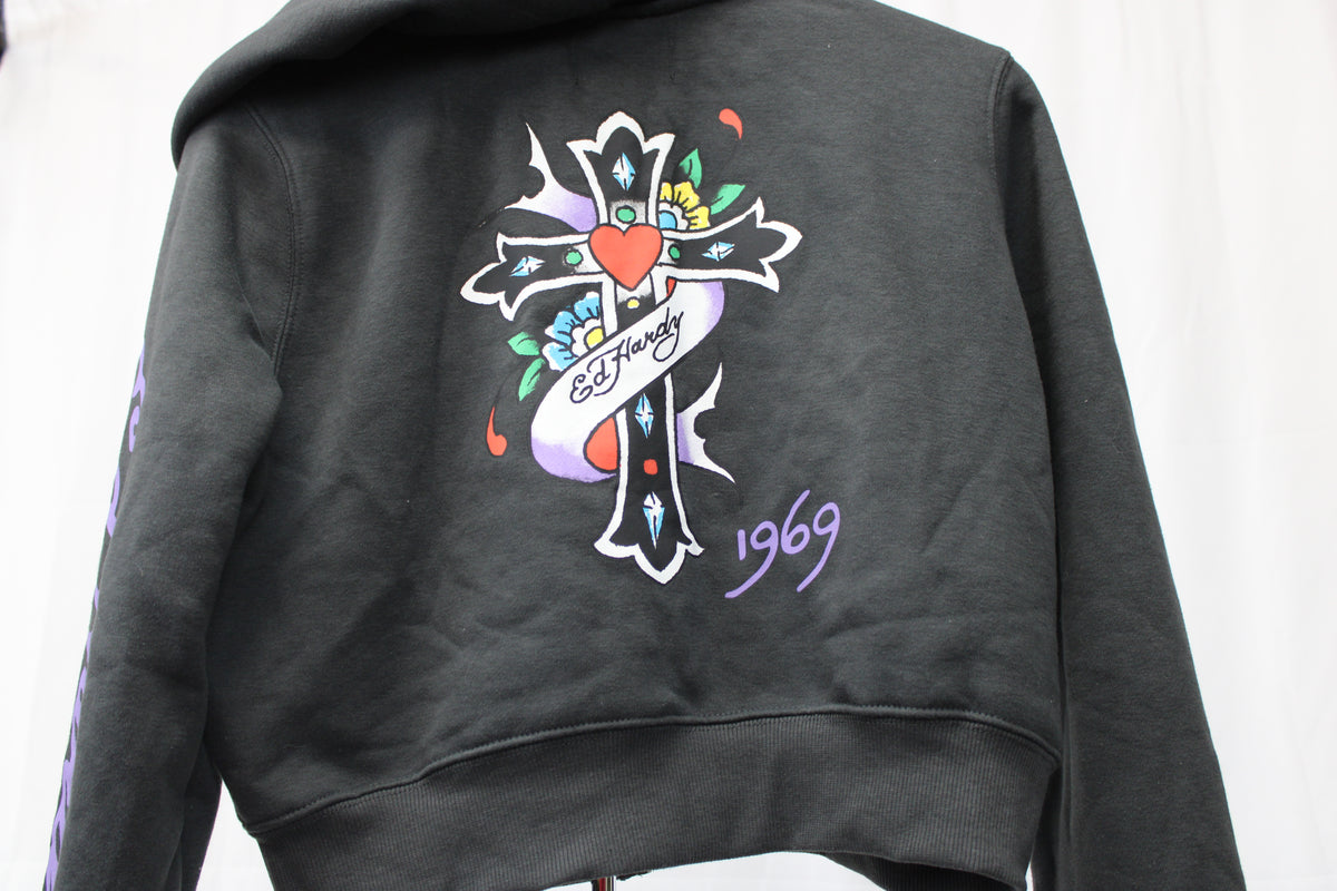 Ed Hardy Zip Up Cropped Hoodie, Size XL