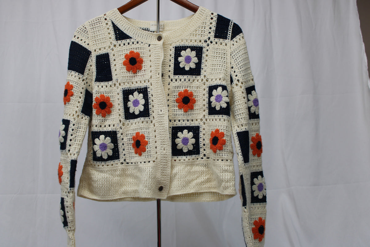 Dreamers by Debut Crocheted Flower and Square Panel Buttoned Up Sweater, Size M/L