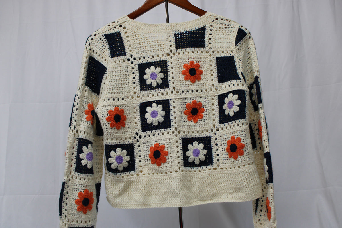 Dreamers by Debut Crocheted Flower and Square Panel Buttoned Up Sweater, Size M/L