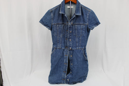 MNG Denim short sleeve button front mini dress, Women's 4