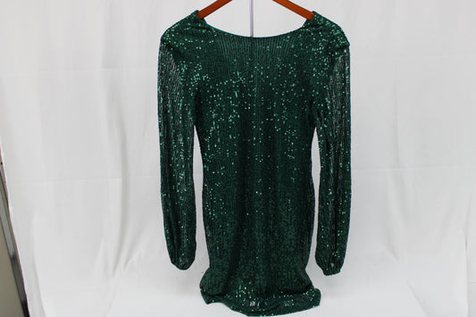Premier Amour long sleeve sequined mini dress, forest green, Women's 4