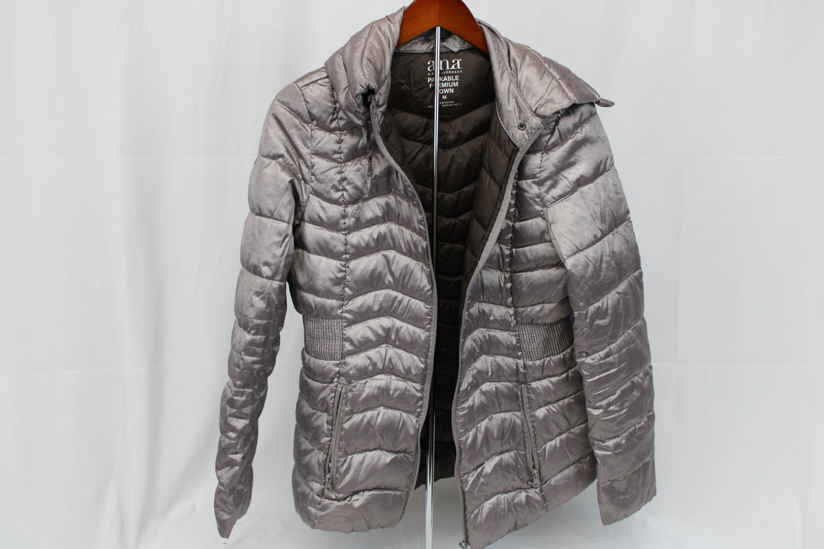 a.n.a lightweight down jacket with hood, metallic taupe, Women's M