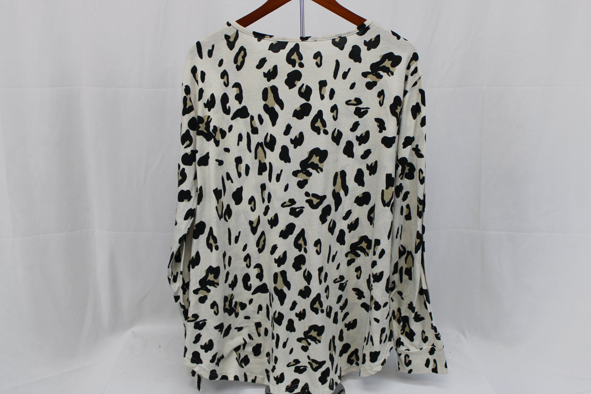 Tickled Teal leopard spotted long sleeve cotton blouse, Women's XXL
