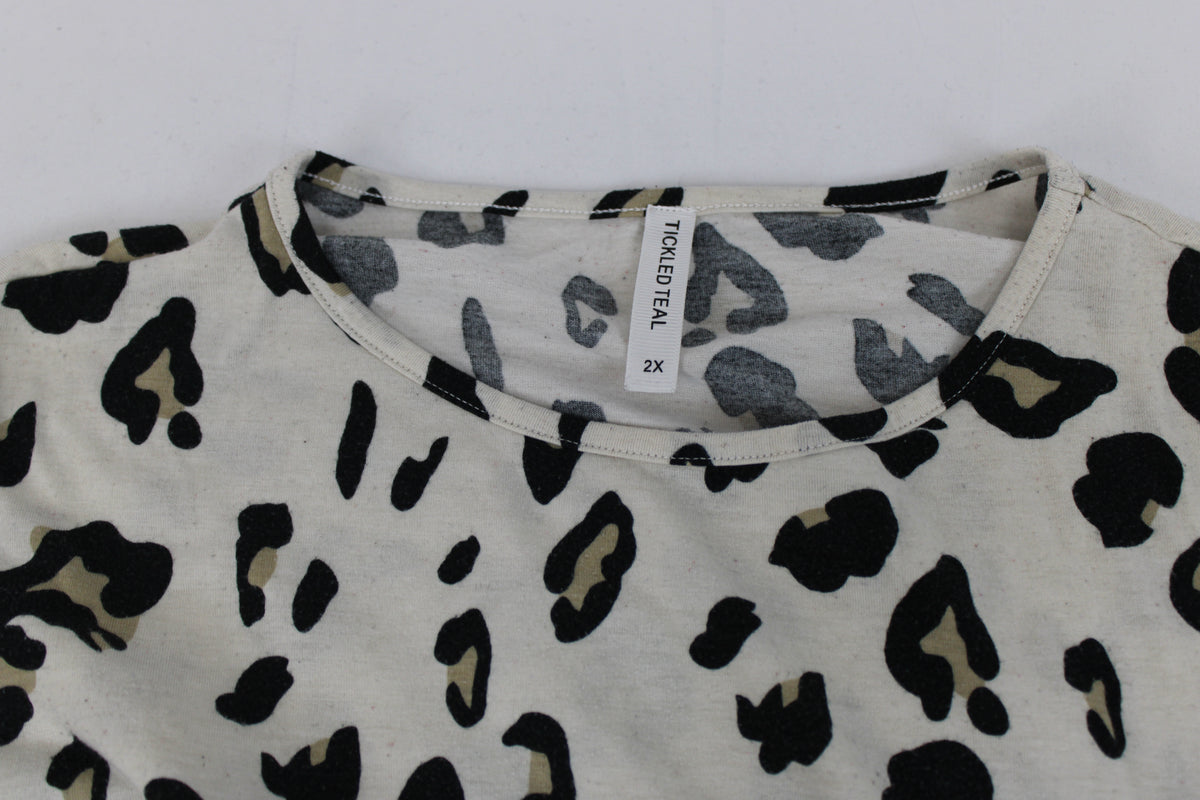 Tickled Teal leopard spotted long sleeve cotton blouse, Women's XXL
