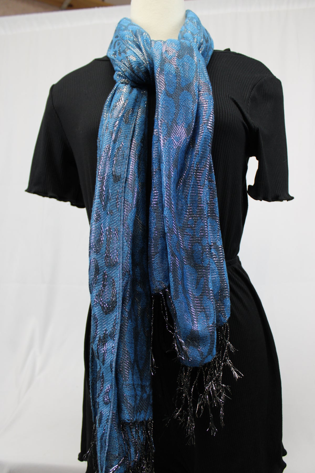 Blue, Black, and Silver Leopard Print Scarf