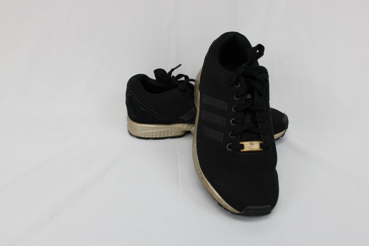 Adidas ZX Flux running shoe, black gold, Women's 8