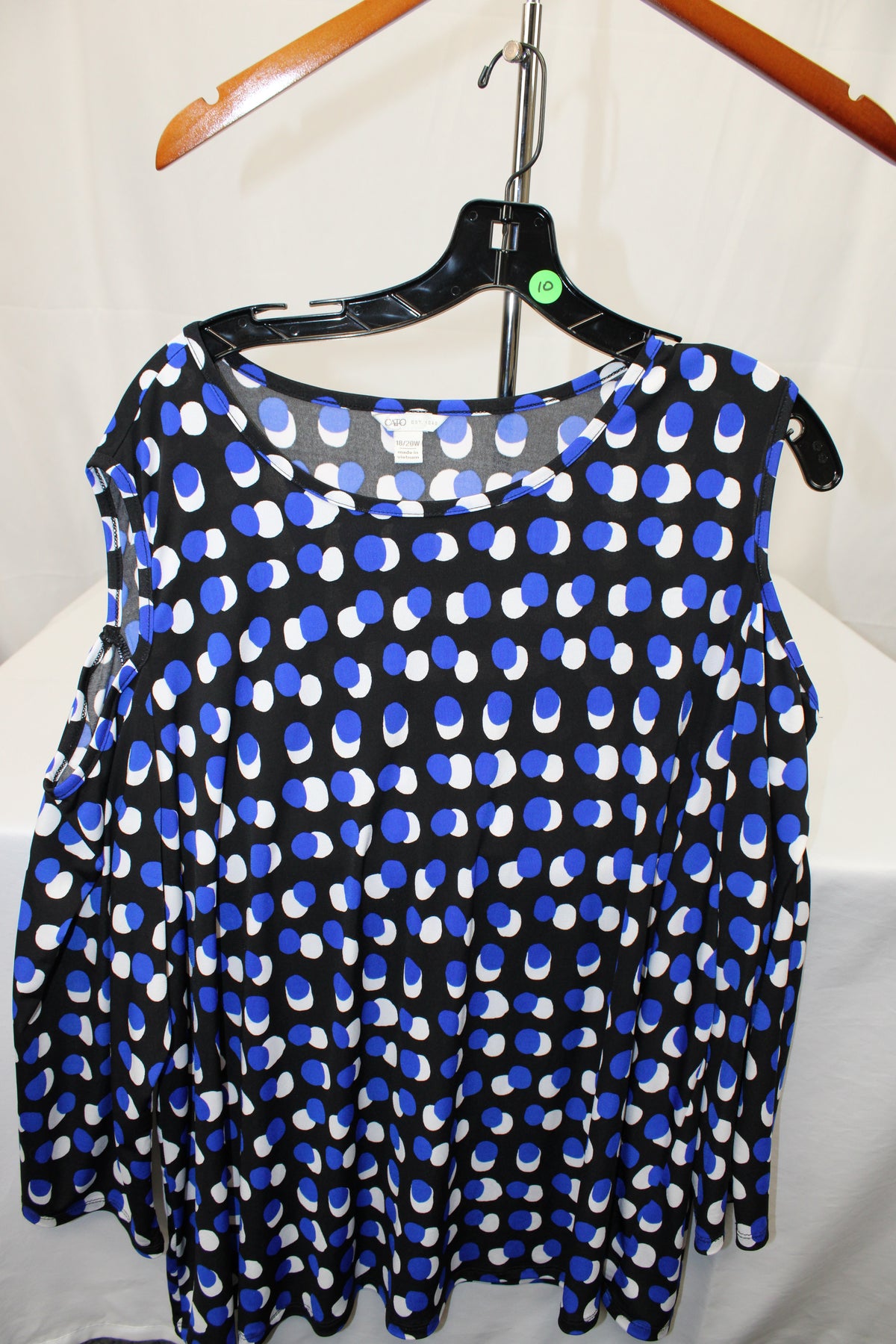 Cato Cold Shoulder Black Shirt with Blue and White Dots, Size 18W/20W