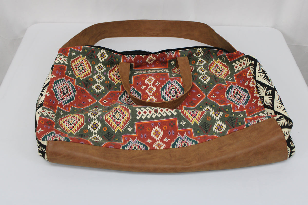 Tribal patterned oversized canvas tote bag, full grain leather straps