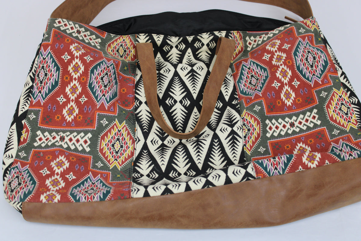Tribal patterned oversized canvas tote bag, full grain leather straps